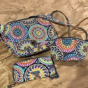 3 pieces. Vera Bradley crossbody, wallet, and plastic lined cosmetic bag.